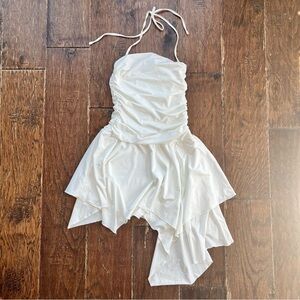 White Halter Ruffle Asymmetrical Dress